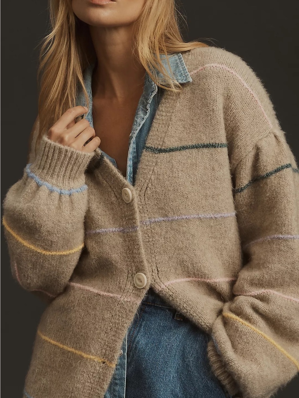 Self Contrast Striped Button-Front Cardigan Sweater Tan Colorful Anthropologie